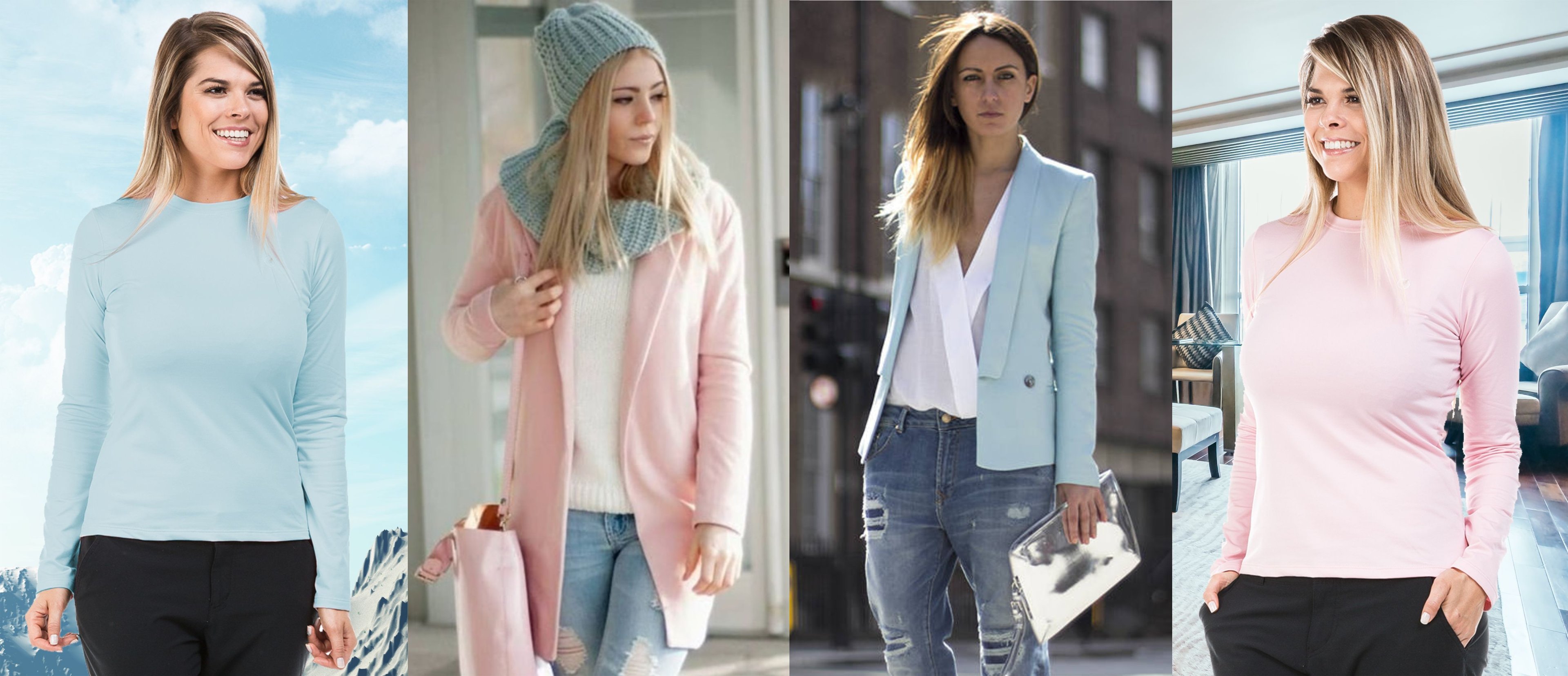 Mulheres vestindo casacos de inverno em tons past&eacute;is