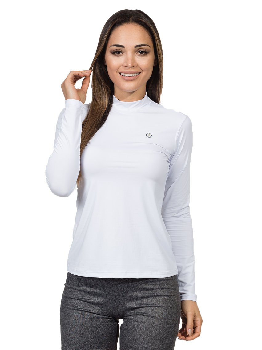 camisa uv gola alta feminina protecao solar branca extreme uv frente b