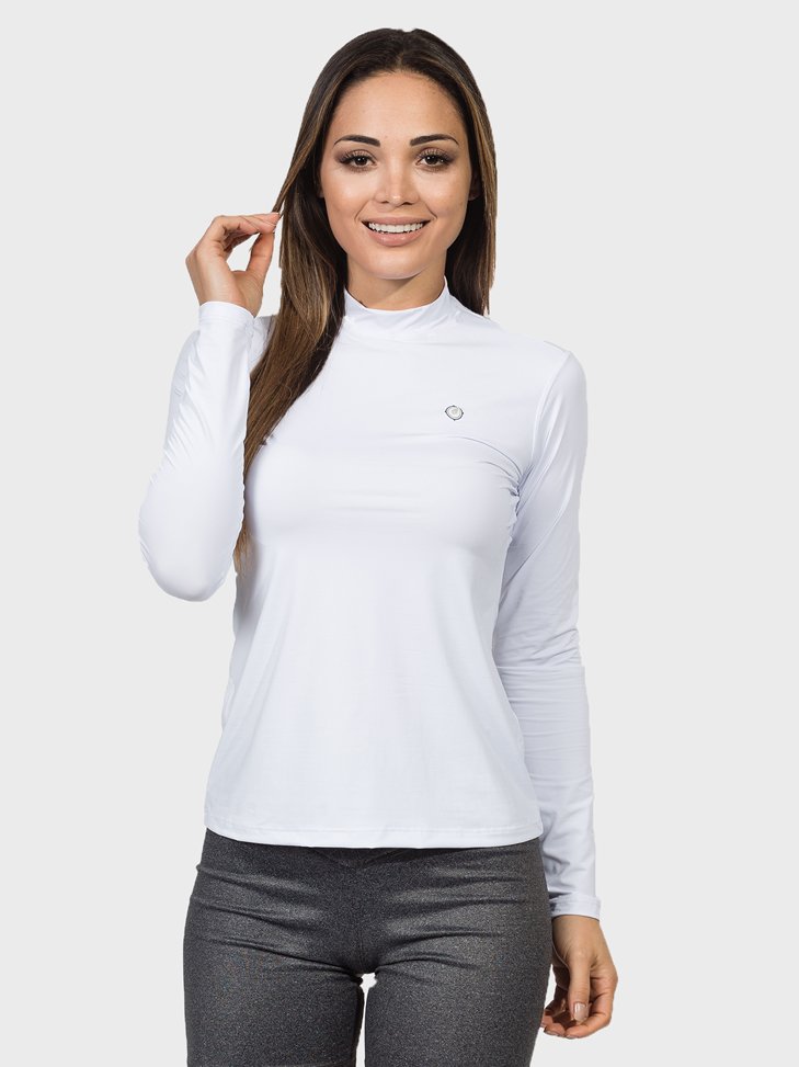 camisa uv gola alta feminina protecao solar branca extreme uv frente c