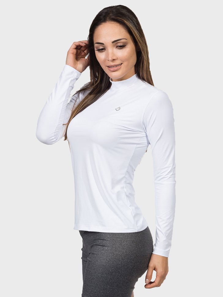 camisa uv gola alta feminina protecao solar branca extreme uv lateral c