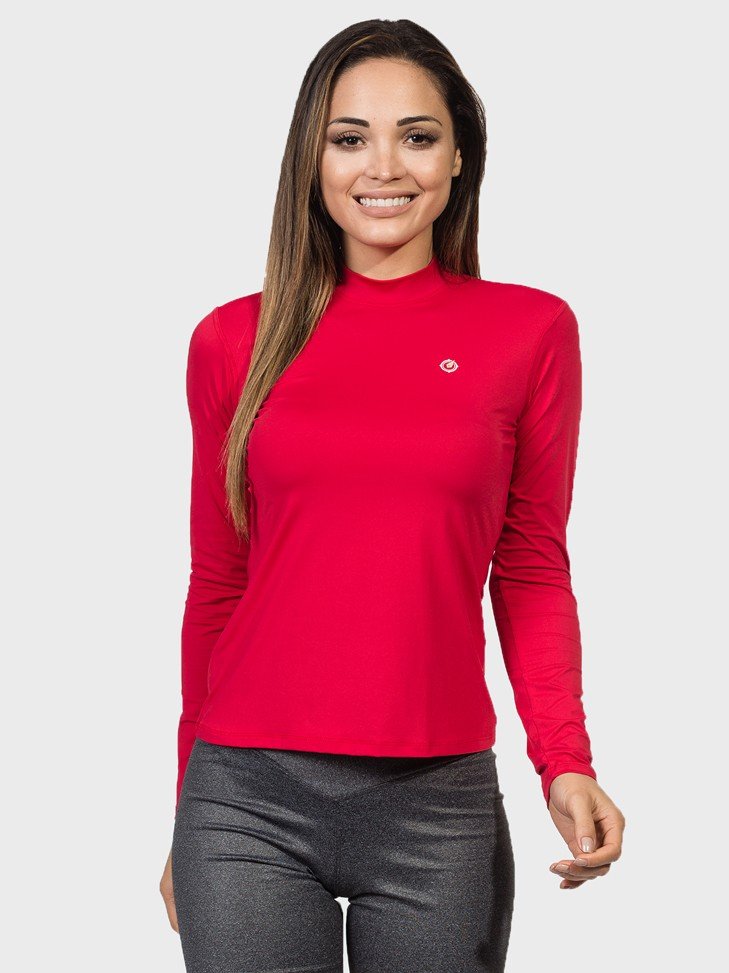 camisa uv gola alta feminina protecao solar vermelha extreme uv frente c
