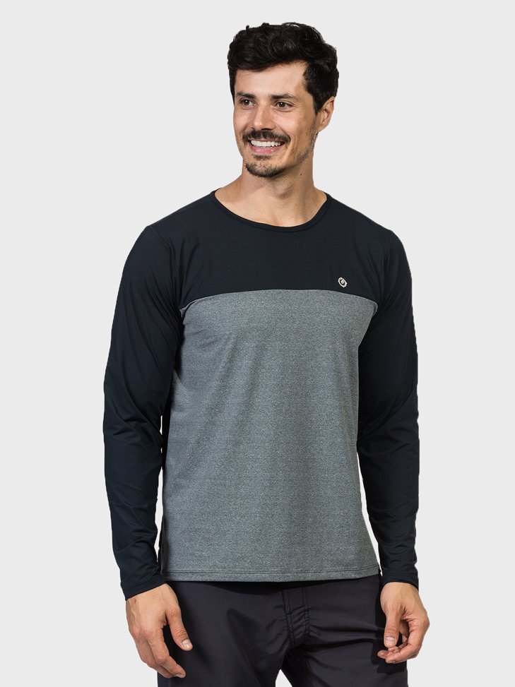 camisa masculina manga longa com protecao solar e recorte no peito mescla extreme uv frente c