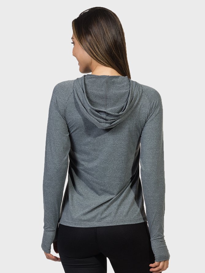 camisa feminina com protecao solar capuz e encaixe para o dedo extreme uv cinza mescla costas c