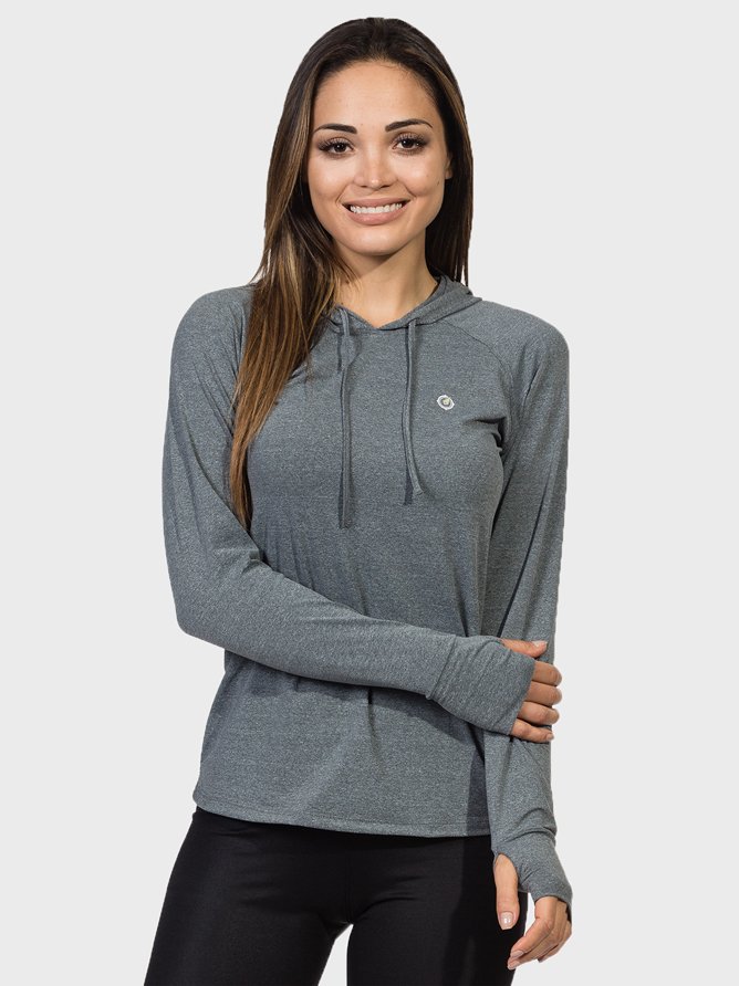 camisa feminina com protecao solar capuz e encaixe para o dedo extreme uv cinza mescla frente c