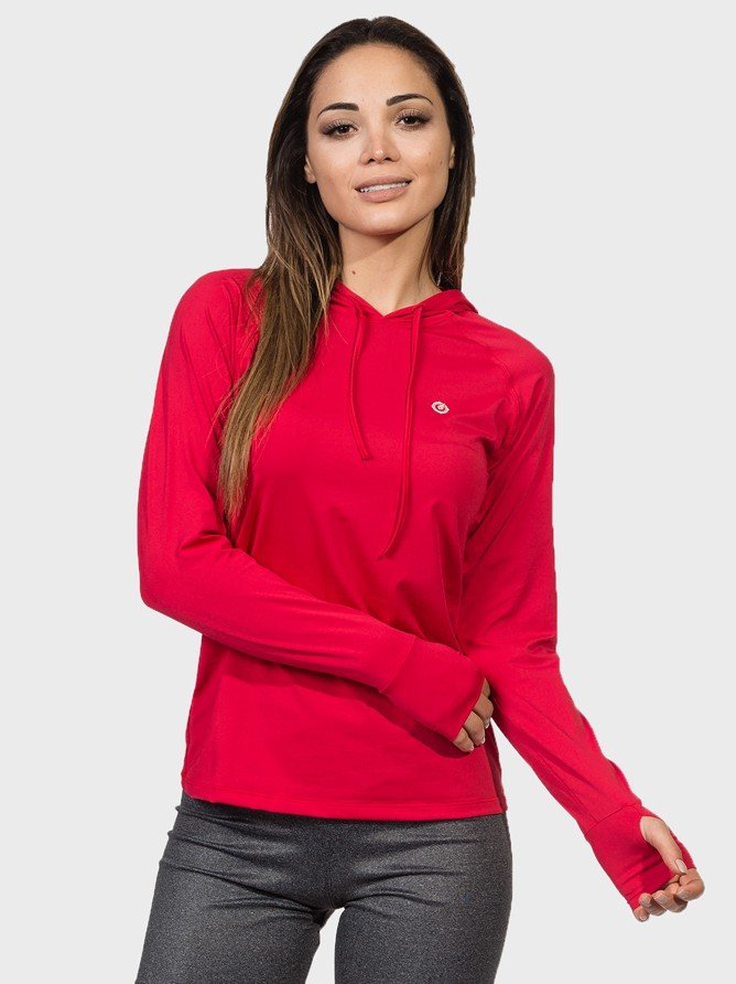 camisa feminina com protecao solar capuz e encaixe para o dedo extreme uv vermelha frente c