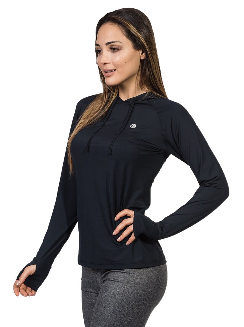 camisa feminina com protecao solar capuz e encaixe para o dedo extreme uv preta lateral b
