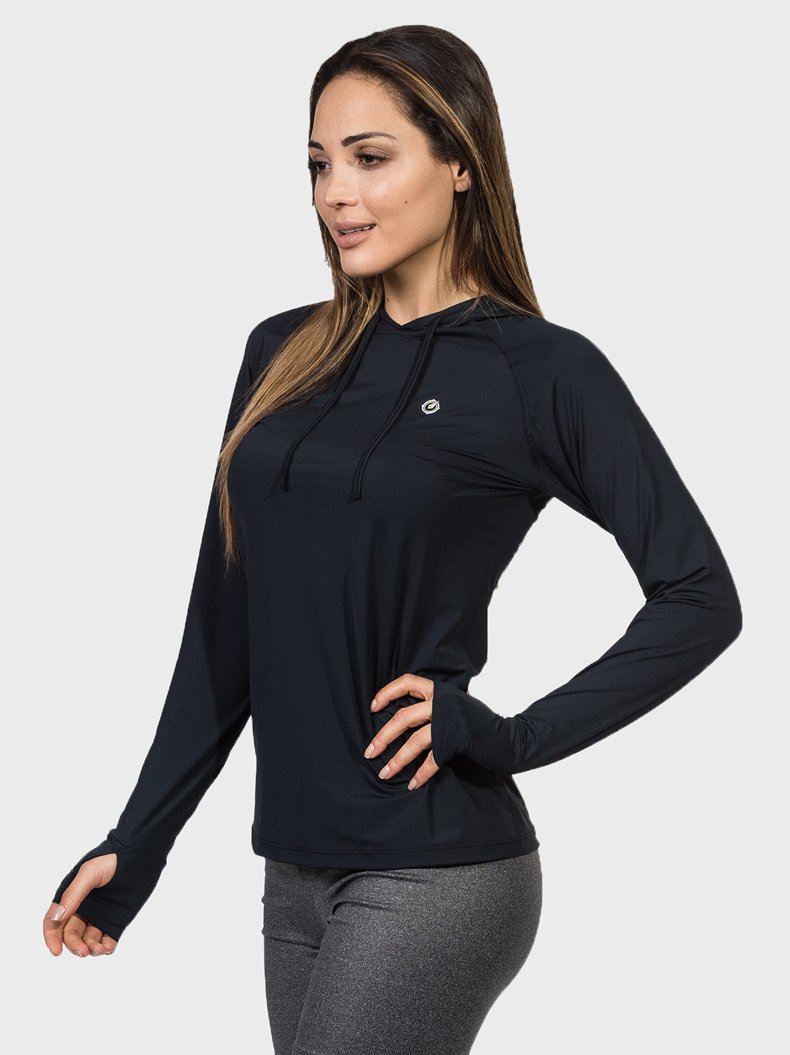 camisa feminina com protecao solar capuz e encaixe para o dedo extreme uv preta lateral c