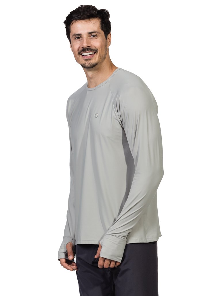camisa uv masculina ice protecao solar com encaixe de dedo extreme uv cinza lateral b