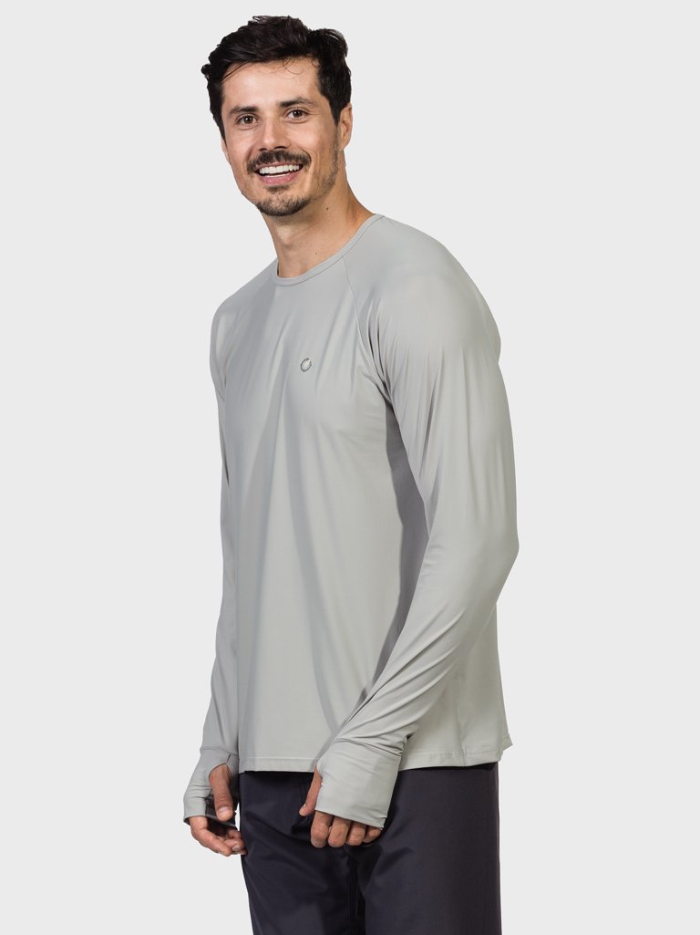 camisa uv masculina ice protecao solar com encaixe de dedo extreme uv cinza lateral c
