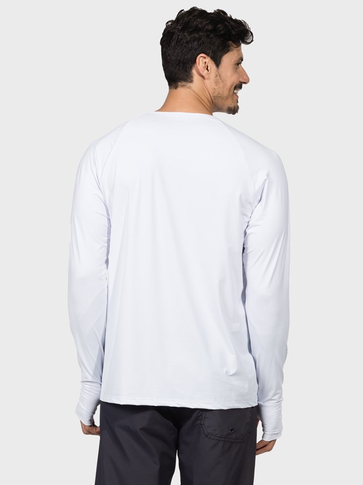 camisa uv masculina ice protecao solar com encaixe de dedo extreme uv branca costas c