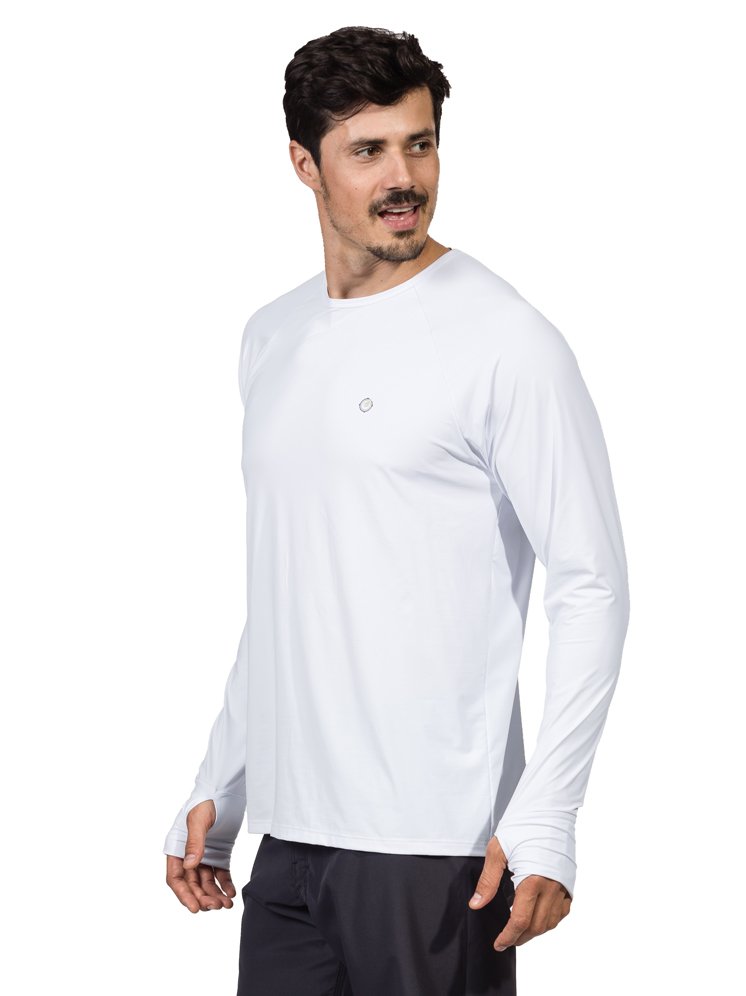 camisa uv masculina ice protecao solar com encaixe de dedo extreme uv branca lateral b