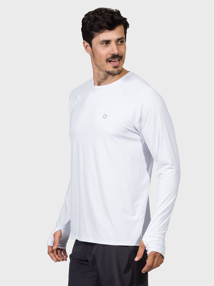 camisa uv masculina ice protecao solar com encaixe de dedo extreme uv branca lateral c