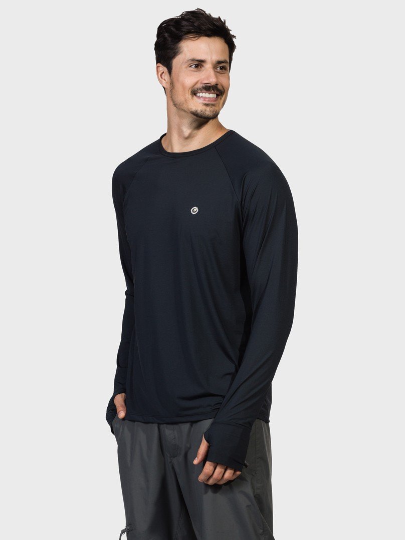 camisa uv masculina ice protecao solar com encaixe de dedo extreme uv preta lateral c