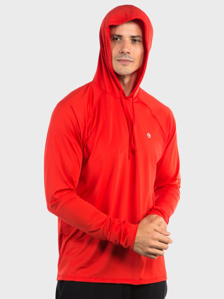 camisa uv com capuz e encaixe para dedo extreme uv new dry masculina vermelha capuz c