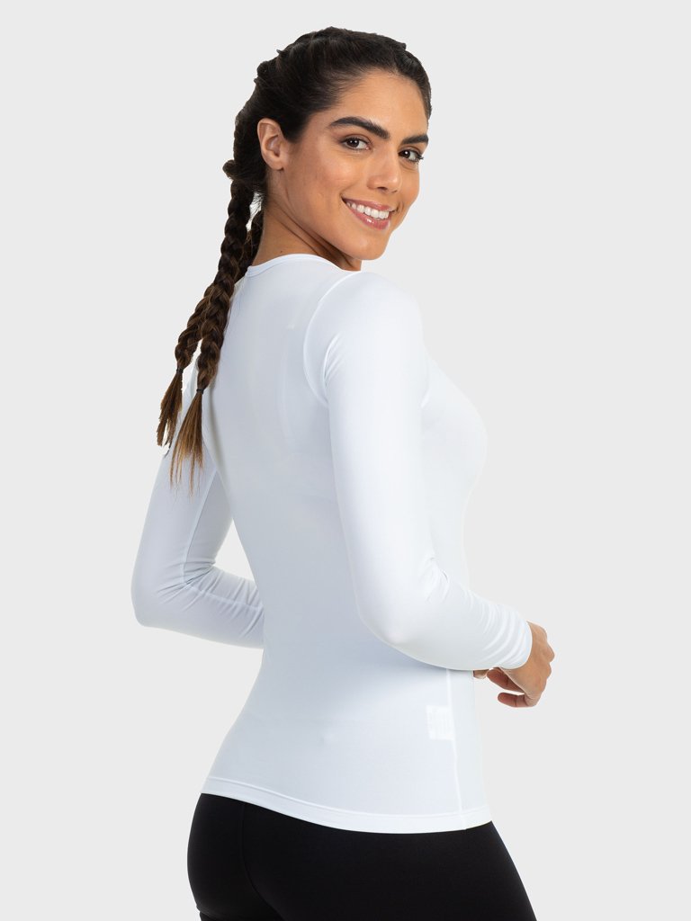 camisa segunda pele termica com protecao solar extreme uv feminina branca costas c