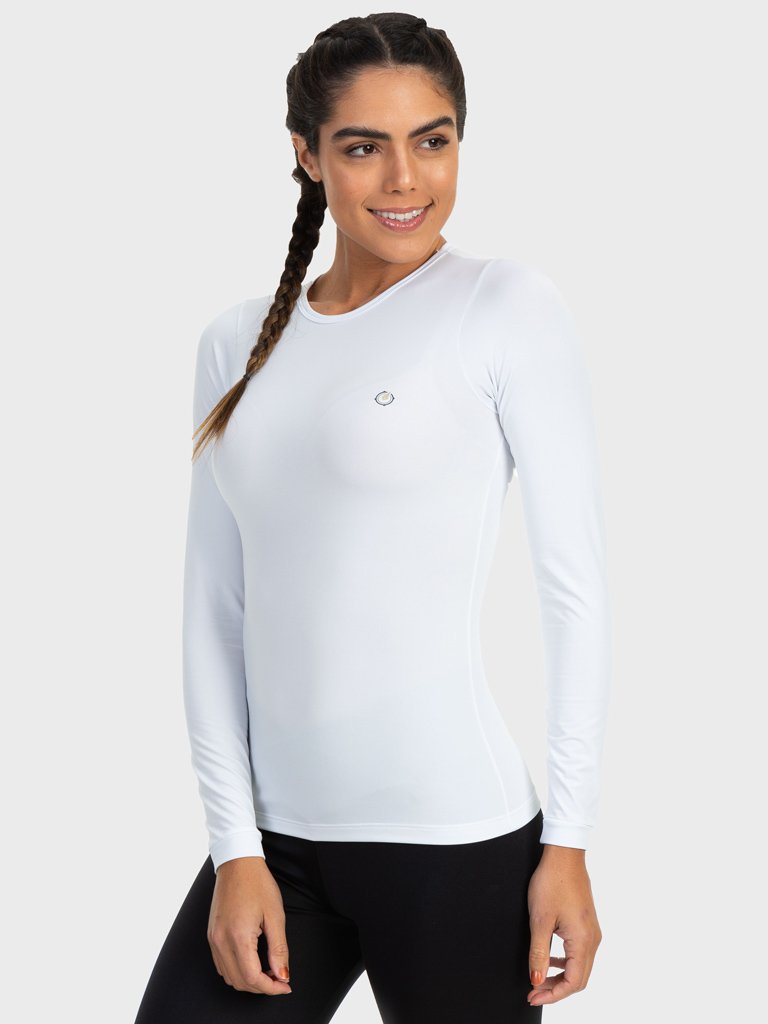 camisa segunda pele termica com protecao solar extreme uv feminina branca frente c