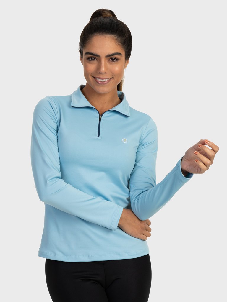 feminina t shirt thermo gola alta ziper azul frente cinza