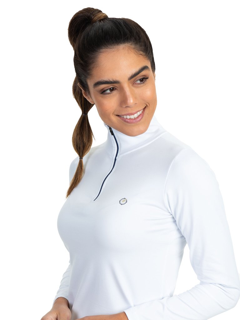 feminina t shirt thermo gola alta ziper branco detalhe branco