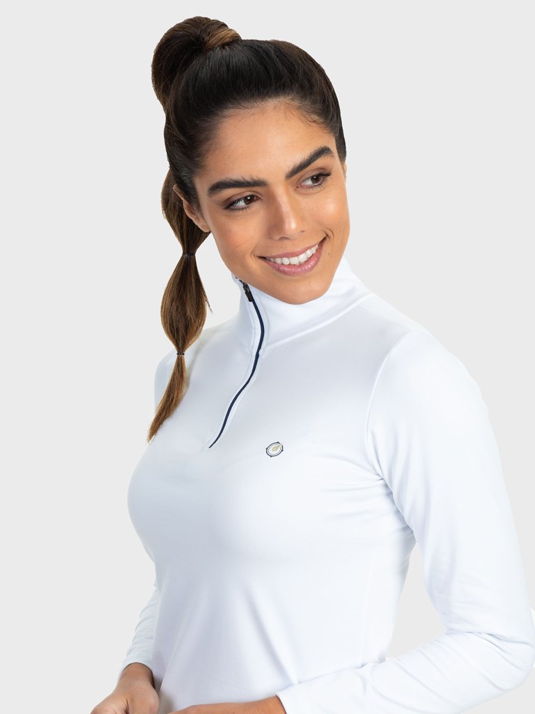 feminina t shirt thermo gola alta ziper branco detalhe cinza