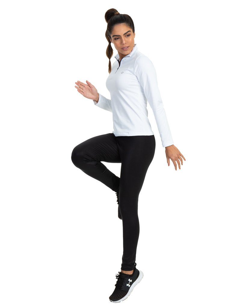 feminina t shirt thermo gola alta ziper branco frente cinza n
