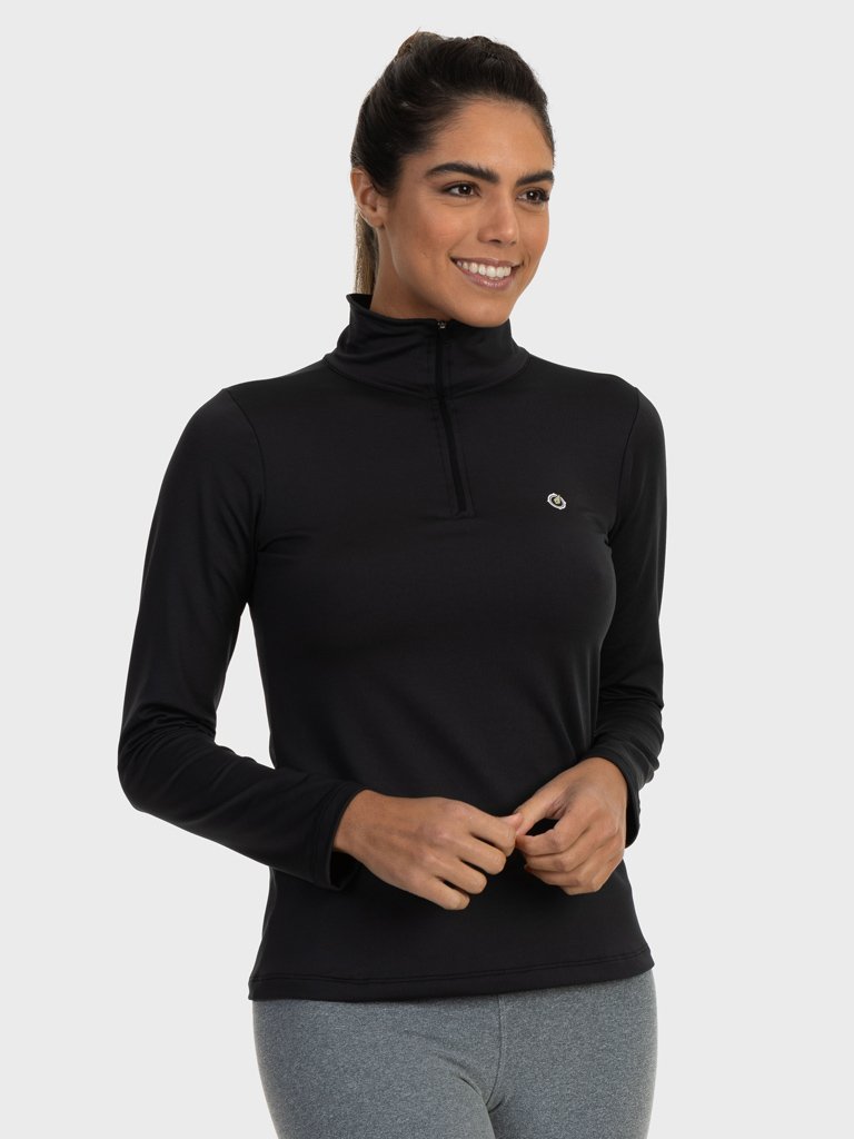 feminina t shirt thermo gola alta ziper chumbo frente cinza