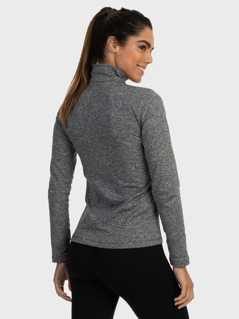 feminina t shirt thermo gola alta ziper mescla costas cinza