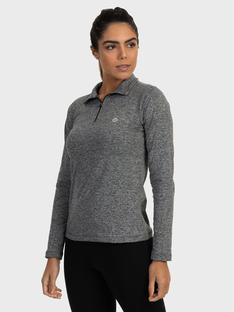 feminina t shirt thermo gola alta ziper mescla frente cinza