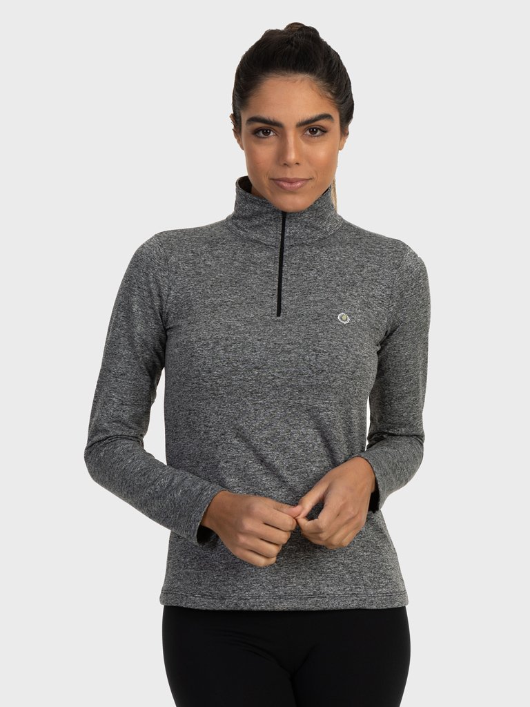 feminina t shirt thermo gola alta ziper mescla lateral cinza