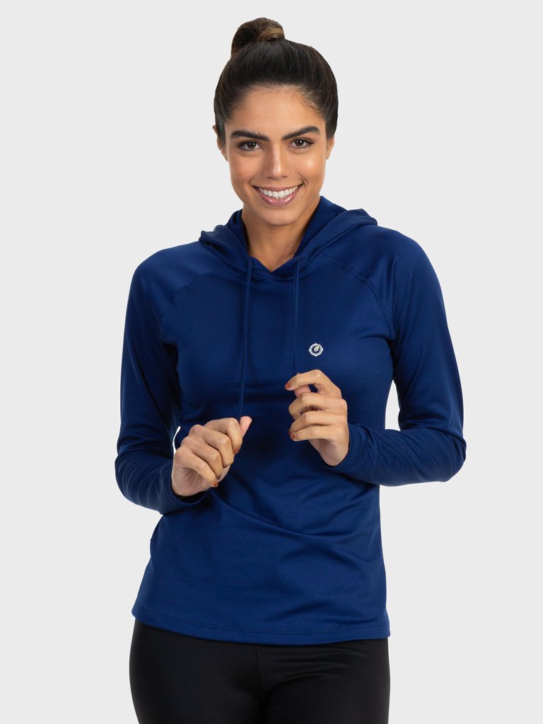 camisa uv termica para frio com capuz feminina extreme uv azul frente c