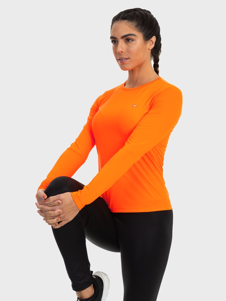 camisa uv feminina basic dry com protecao solar manga longa extreme uv laranja lateral c n