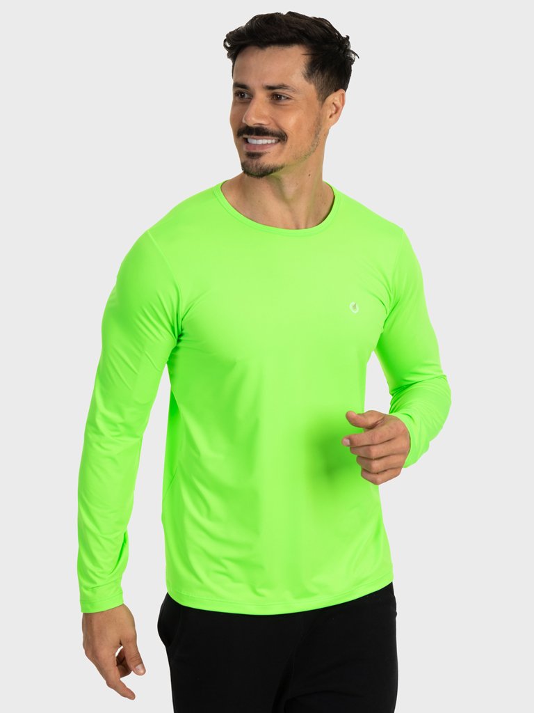 camisa masculina basic dry com protecao solar manga longa extreme uv verde fluor frente c n