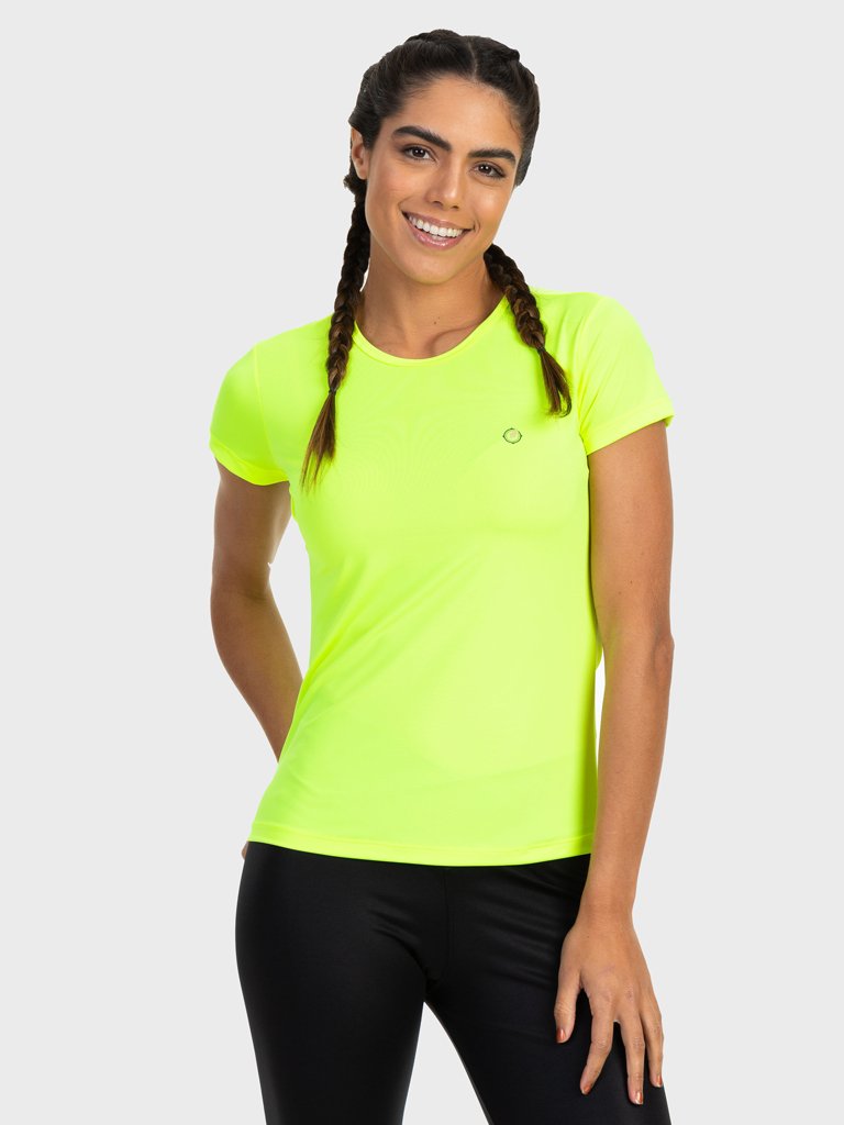 camisa uv feminina new dry com protecao solar manga curta extreme uv amarelo fluor lateral c n