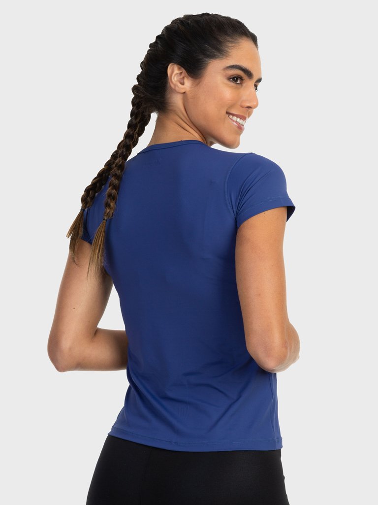 camisa uv feminina ice com protecao solar manga curta extreme uv azul costas c n