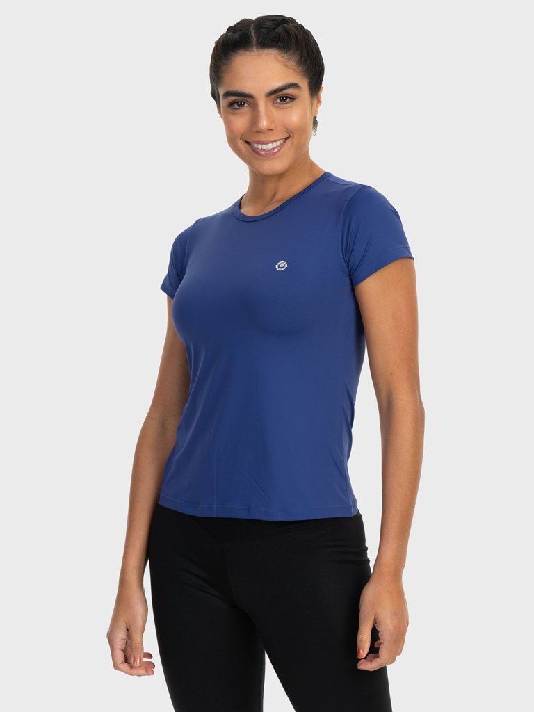camisa uv feminina ice com protecao solar manga curta extreme uv azul frente c