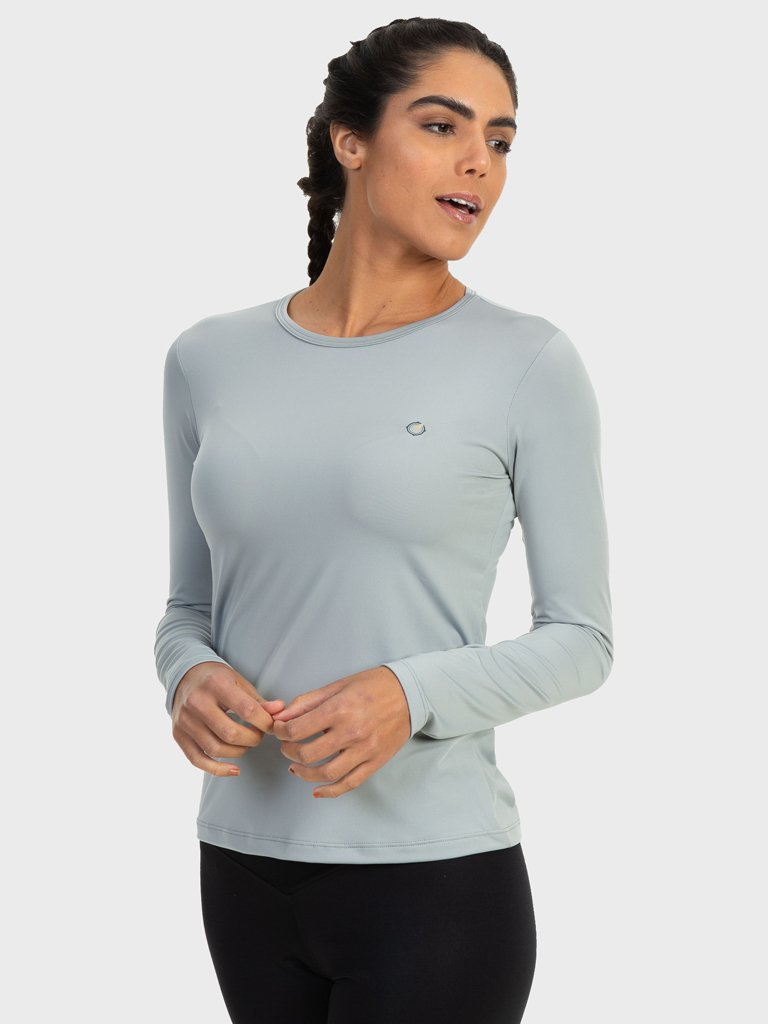 camisa uv feminina newdry com protecao solar manga curta extreme uv cinza claro longa frente c