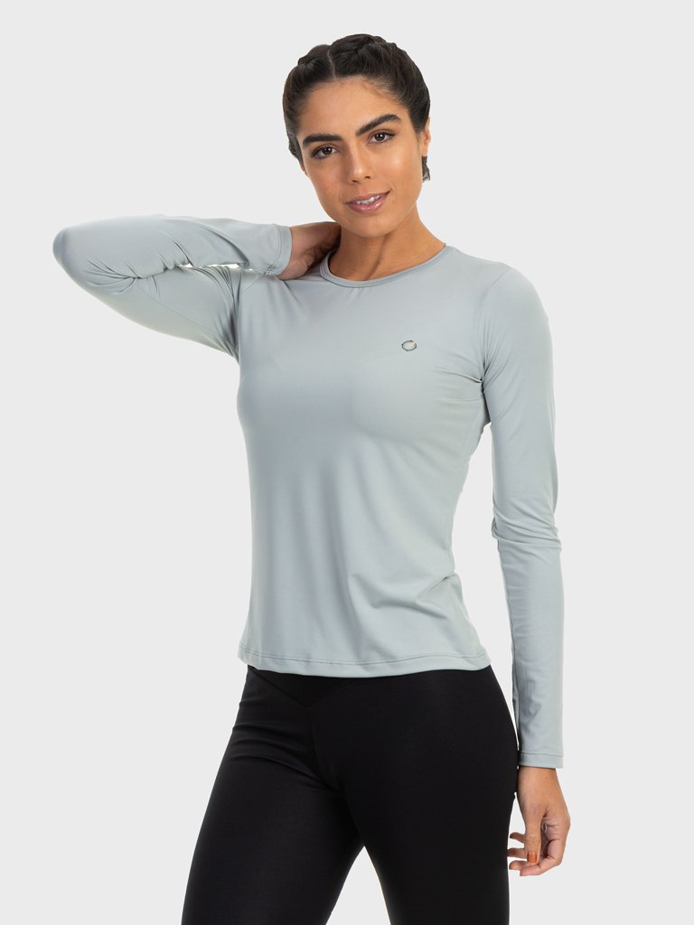 camisa uv feminina newdry com protecao solar manga curta extreme uv cinza claro longa lateral c