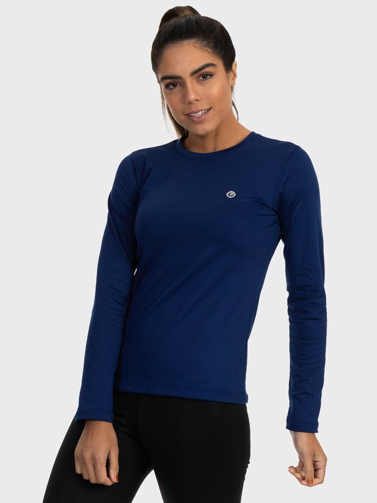 feminina t shirt longa thermo marinho frente c n