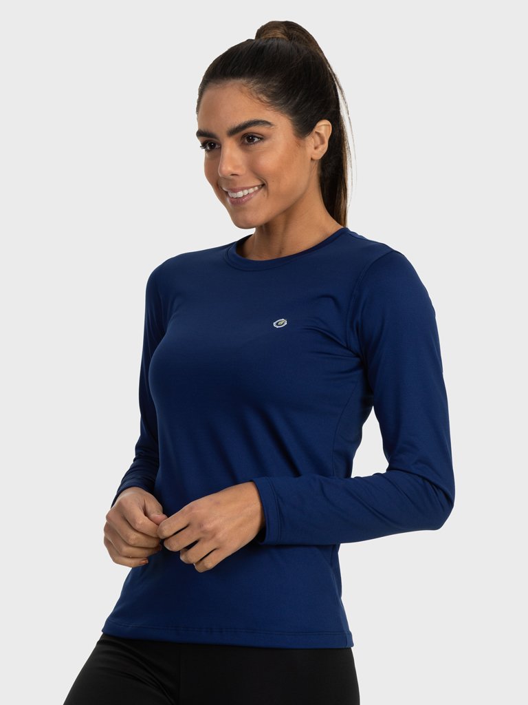feminina t shirt longa thermo marinho lateral c n