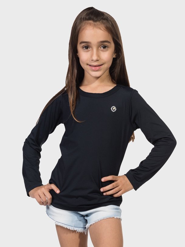 camisa uv infantil feminina termica manga longa com protecao solar extreme uv preta frente c