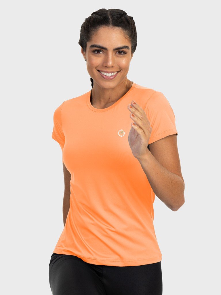 camisa uv feminina ice com protecao solar manga curta extreme uv laranja claro c