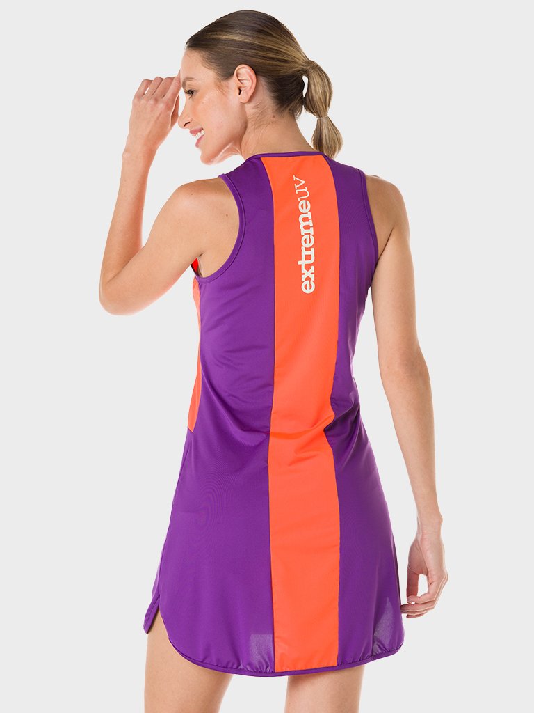 vestido beach tennis protecao solar extreme uv roxo laranja neon 1