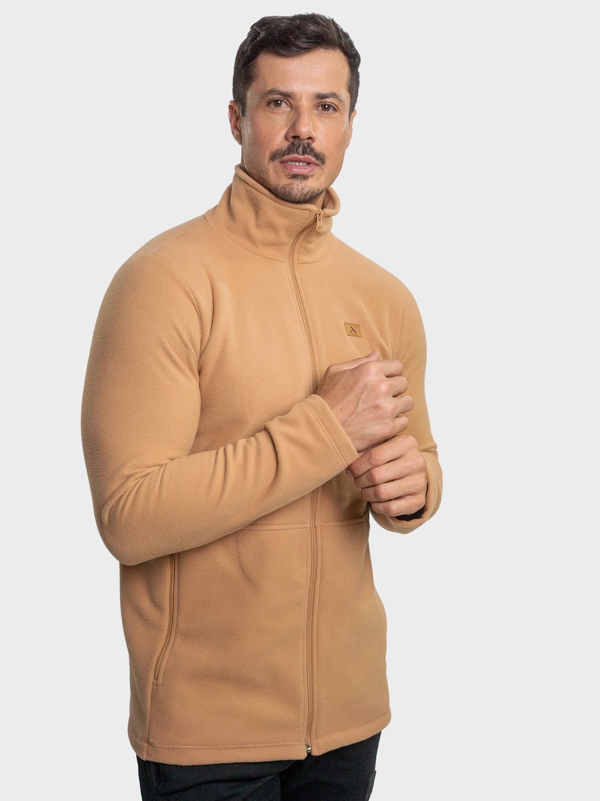 x casaco fleece masculino com bolso thermo soft solar extreme uv bege frente a