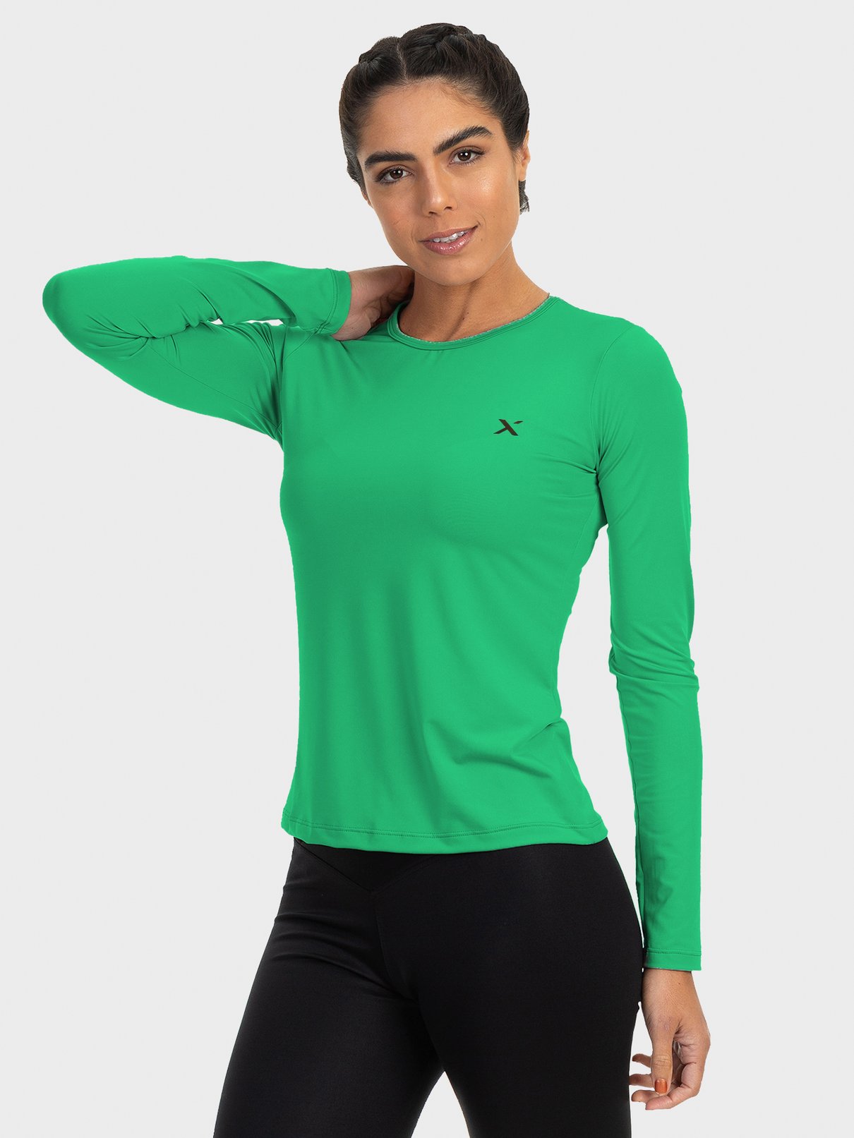 camisa uv new dry colors feminina manga longa protecao solar extreme uv verde frente a