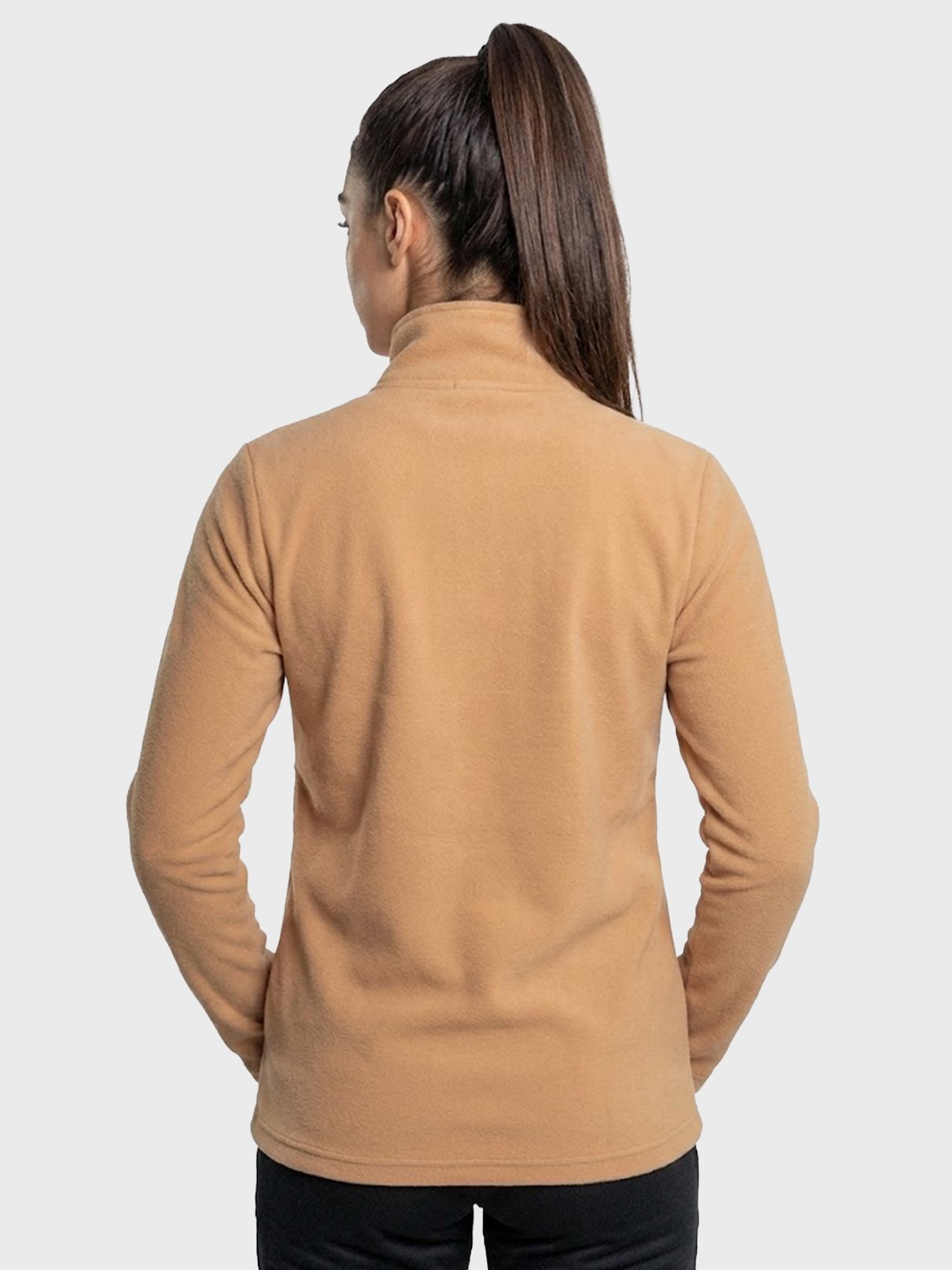 casaco fleece feminino thermo soft com protecao solar extreme uv bege costas
