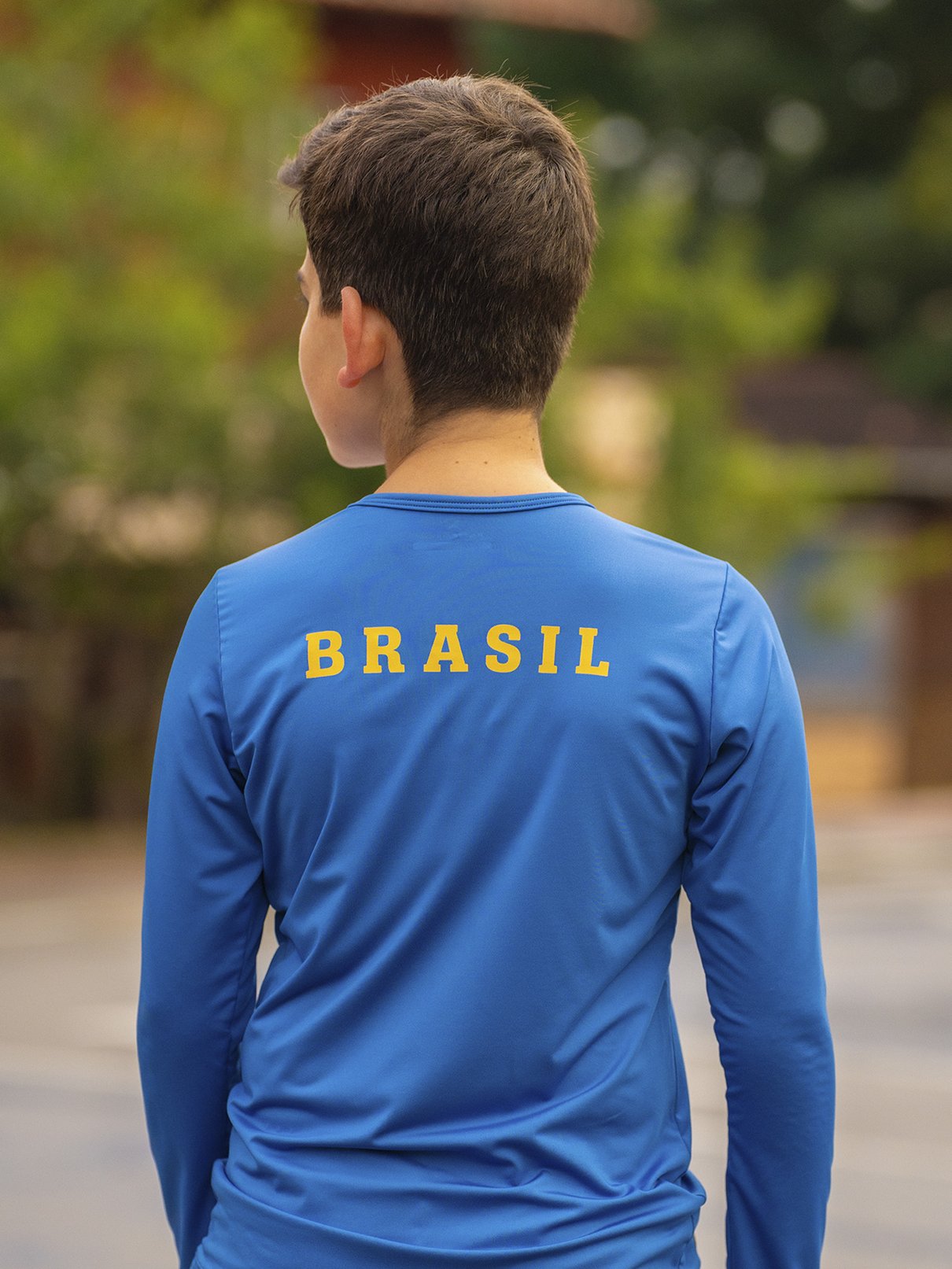 camiseta brasil torcida caramelo infantil new dry manga longa azul costas