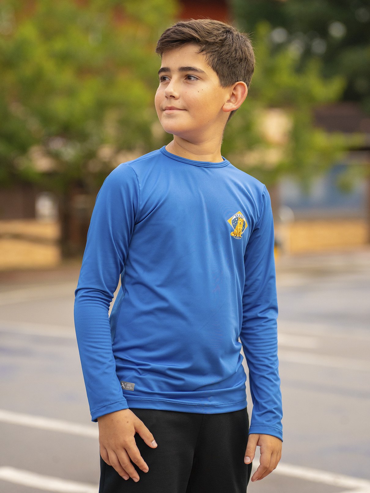 camiseta brasil torcida caramelo infantil new dry manga longa azul frente