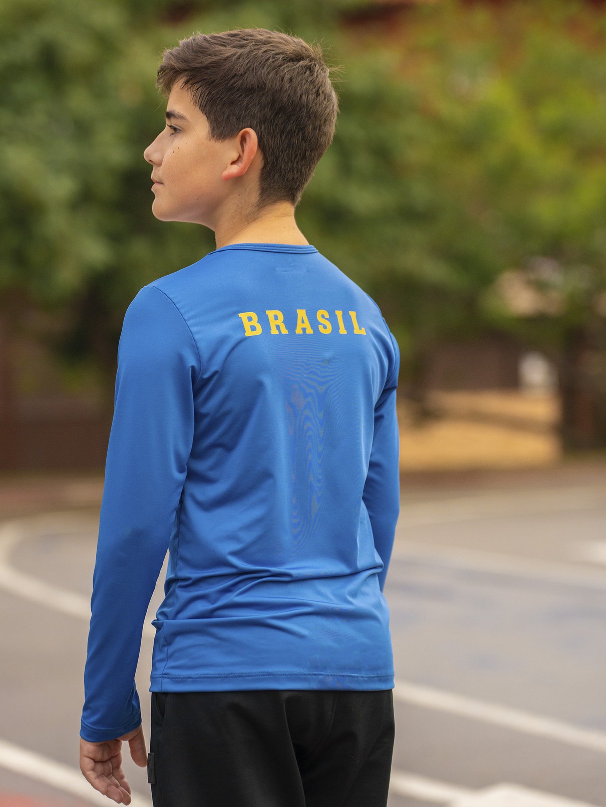 camiseta brasil torcida caramelo infantil new dry manga longa costas azul