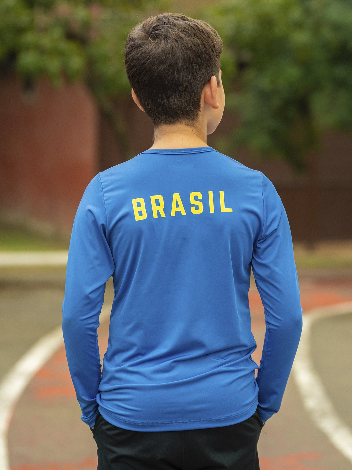 camiseta brasil torcida pulse infantil new dry manga longa extreme uv azul costas
