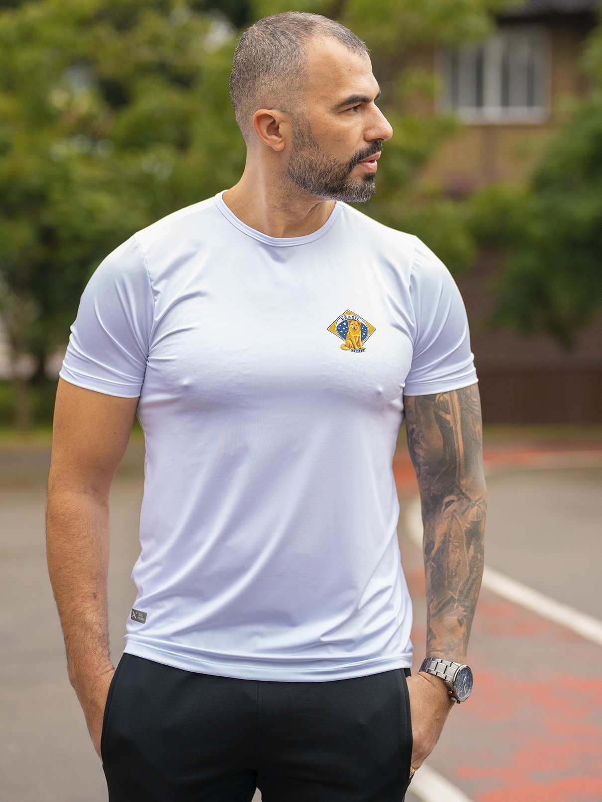 camiseta brasil torcida caramelo masculina new dry manga curta branco frente