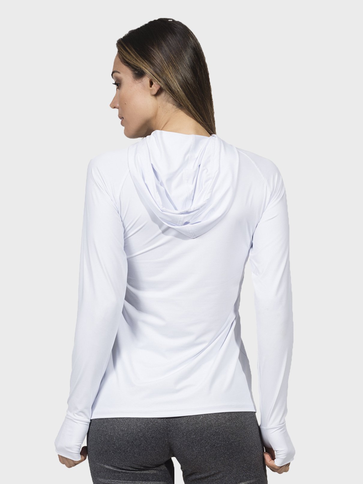 camisa feminina com capuz e encaixe para dedo ice extreme uv branca costas